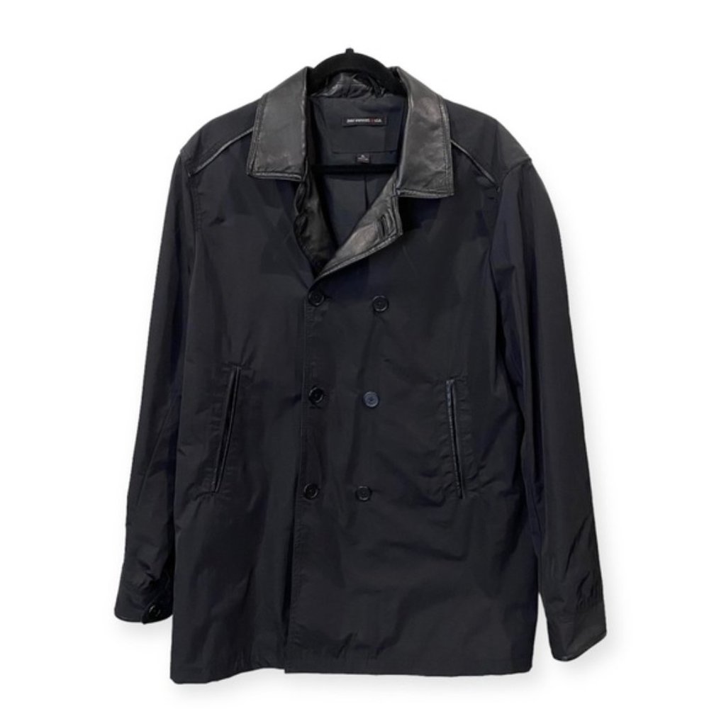 John Varvatos Star USA Double Breasted Coat Leather Trim Black X-Large